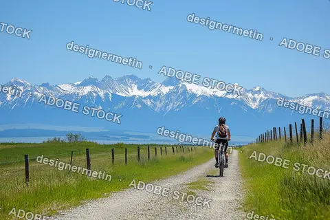 Cyclist Exploring Scenic Countryside Gravel Road With Breathtaking Snow Mountain Under Clear Blue Sky