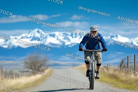 Senior Cyclist Riding Mountain Bike On Scenic Countryside Road With Snow-Capped Mountains In The Background