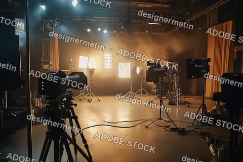 Professional Film Studio With Cinematic Lighting Equipment And Cameras Set Up For Video Production Shoot