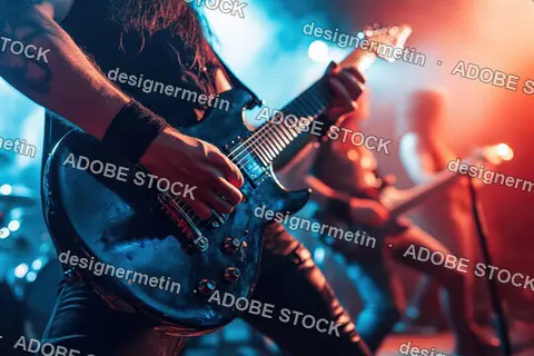 Metal Guitarist Playing An Electric Guitar On Stage At A Live Rock Concert With Dramatic Lighting And Energy