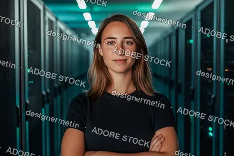 Confident Young Female It Specialist Standing In Modern Data Center With Server Racks And Cybersecurity Technology Environment