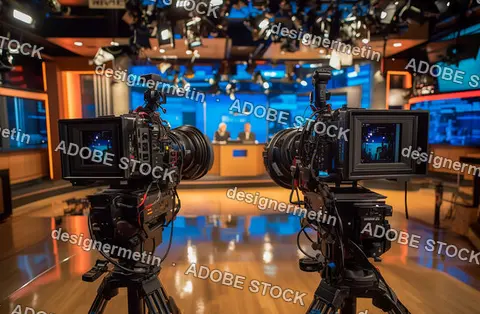 Professional Television Studio With Broadcast Cameras Capturing News Anchors During Live Show, Media Production And Journalism Concept