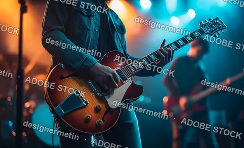 Live Rock Guitarist Playing Electric Guitar On Stage With Dynamic Lighting, Energetic Concert Performance And Vibrant Atmosphere