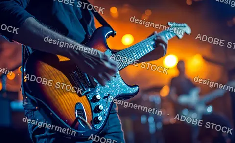 Electric Guitarist Performing Live On Stage With Dramatic Lighting And Blurred Background Band In Concert Atmosphere
