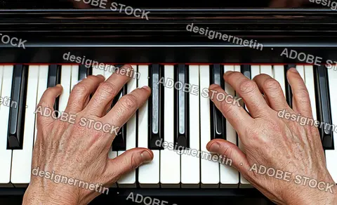 Playing Piano With Precision And Passion, Elderly Hands On Black And White Keys Creating Beautiful Classical Music
