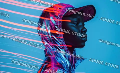 Futuristic Neon Portrait Of Stylish Woman In Metallic Hoodie With Light Streaks, Cyberpunk Fashion Aesthetic