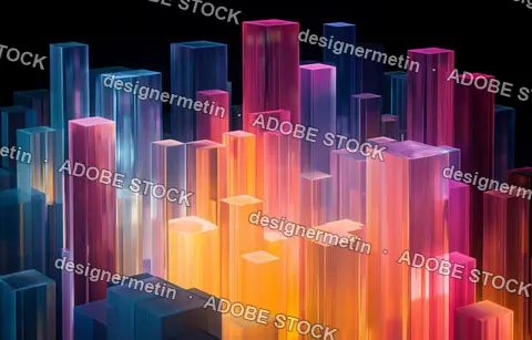 Futuristic Abstract Glass Structures With Neon Reflections, Colorful Geometric Composition, Modern Technology Transparent 3d Design