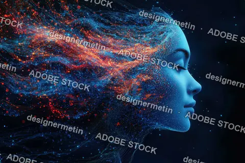 Futuristic Profile Of Fictional Woman With Vibrant Digital Particle Streams Flowing Through Hair, Cosmic Abstract Design Illustration