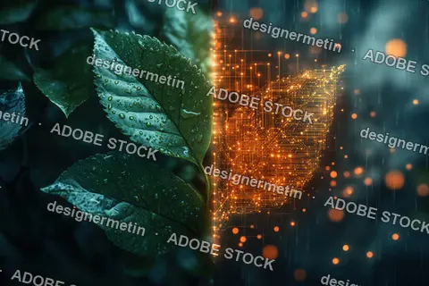 Natural Green Leaf With Water Droplets Transforming Into Glowing Digital Circuit Technology Concept Futuristic Environment Illustration Graphic