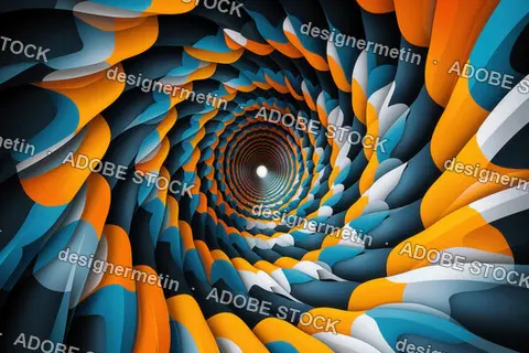 Abstract Futuristic Tunnel With Flowing Spiral Pattern, 3D Perspective,  Blue, Orange And White Digital Background