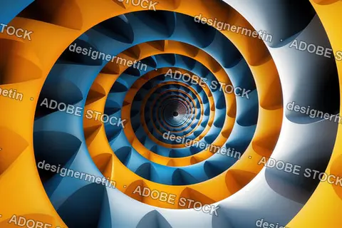 Abstract Futuristic Tunnel With Hypnotic Spiral Pattern, 3D Geometric Perspective In Blue And Yellow Digital Background