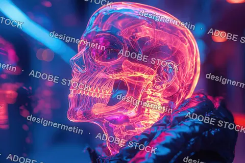 Surreal Futuristic Portrait Of A Transparent Human Skull With Glowing Neon Anatomy And Cyberpunk Sci-Fi Aesthetics