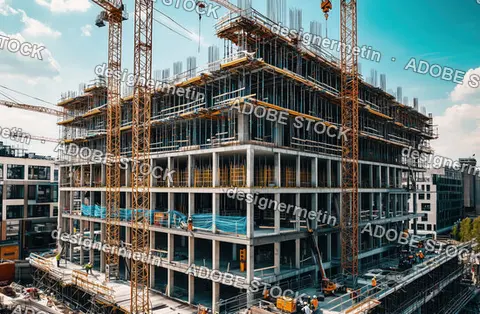Modern Multi Story Building Under Construction With Cranes, Scaffolding, Steel Framework And Workers At A Busy Construction Site