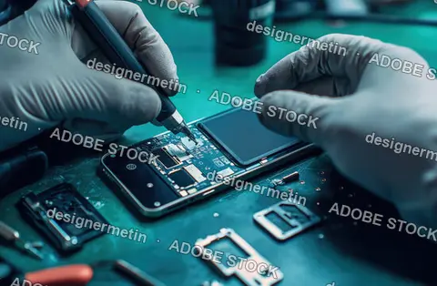 Technician Repairing Smartphone Motherboard With Precision Tools In Electronics Repair Lab For Maintenance And Troubleshooting