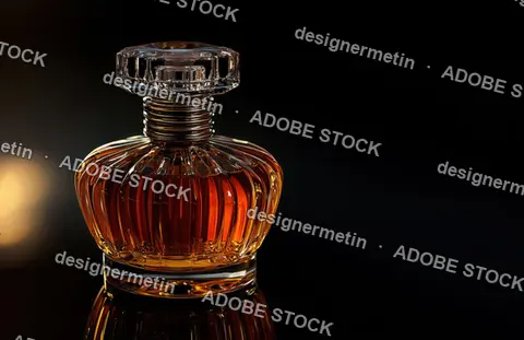 Luxury Amber Perfume Bottle With Elegant Glass Design And Warm Lighting On A Dark Reflective Background