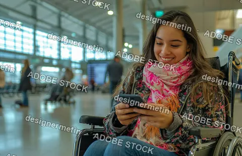 Smiling Young Woman In Wheelchair Using Smartphone While Waiting At Modern Airport Terminal With Bright Natural Lighting