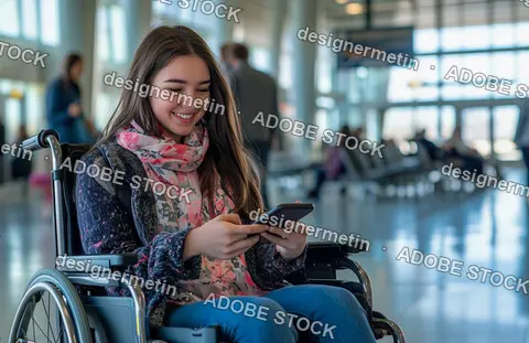 Smiling Young Woman In Wheelchair Using Smartphone While Waiting At Bright Modern Airport Terminal For Her Flight