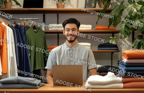 Smiling Clothing Store Employee Working On Laptop Surrounded By Neatly Folded Apparel And Stylish Fashion Displays