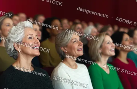 Smiling Elegant Women Enjoying Live Performance In Theater Surrounded By Diverse Audience In A Refined Cultural Setting