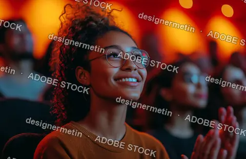 Smiling Young Woman Enjoying Live Performance In Theater Surrounded By Audience Under Warm Stage Lighting