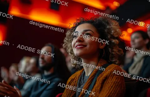 Smiling Young Woman Enjoying Live Performance In Theater Surrounded By Engaged Audience Under Warm Stage Lighting