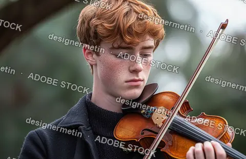 Young Musician With Red Hair Playing Violin Outdoors With Focused Expression And Blurred Nature Background