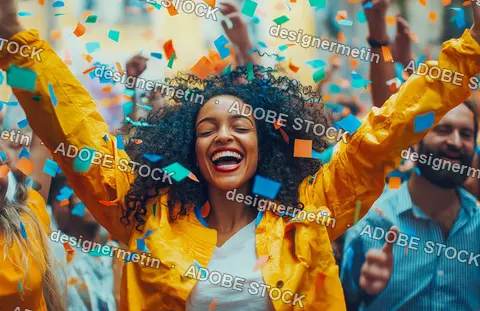 Joyful Woman Celebrating With Confetti At Outdoor Festival With Energy Excitement And Happiness In Vibrant Crowd