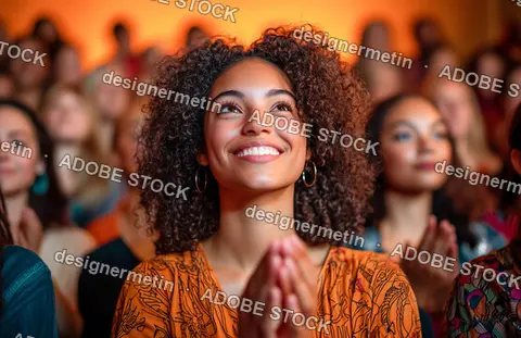 Smiling Woman Enjoying Live Performance In Crowded Theater With Warm Lighting And Vibrant Audience Atmosphere