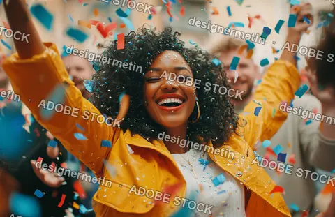 Joyful Woman Celebrating With Colorful Confetti At Lively Party Surrounded By Cheering Crowd In Festive Atmosphere
