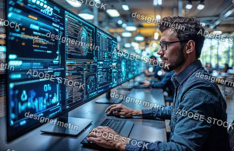 Cybersecurity Expert Monitoring Digital Threats On Multiple Screens In High-Tech Control Center With Futuristic Interface