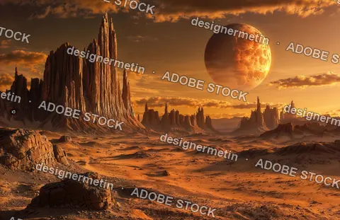 Alien Desert Landscape With Towering Rock Formations And Huge Glowing Planet In Sky, Surreal Science Fiction Scene