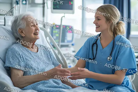 Smiling Doctor Speaking To An Elderly Woman In A Hospital Bed, Offering Care, Compassion, Support, Medical Assistance And Emotional Connection