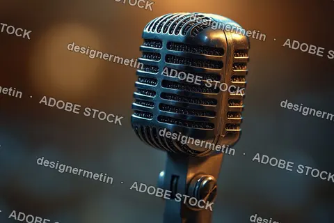 Close Up Of Vintage Professional Microphone With Metal Grill In Recording Studio, Showing Details Of Music Sound Broadcasting Equipment