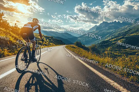 Cyclist Riding Fast On Empty Mountain Road During Sunny Summer Day With Breathtaking Scenic Landscape And Dramatic Sky