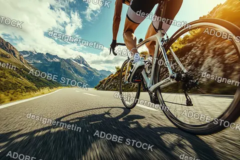 Cyclist Riding Fast On Mountain Road Surrounded By Scenic Landscape With Sunny Sky And Beautiful Nature During Summer