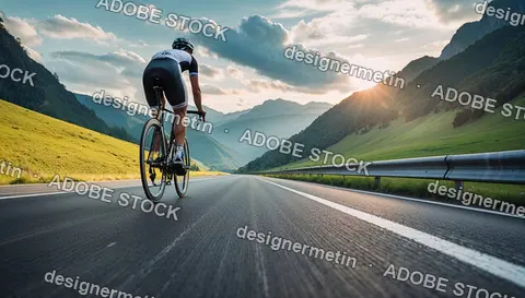 Cyclist Riding Bicycle On Scenic Mountain Road At Sunset, Professional Athlete Training Outdoors In Beautiful Natural Landscape
