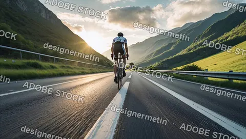 Cyclist Riding Bicycle On Scenic Mountain Road At Sunset, Professional Athlete Training Outdoors In Beautiful Natural Landscape