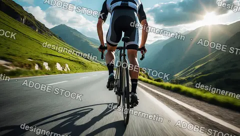 Professional Cyclist Speeding Along Scenic Mountain Road, Dynamic Outdoor Training Ride Captured Under Bright Sunny Skies