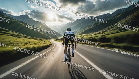 Cyclist Riding Bicycle On Scenic Mountain Road At Sunset, Professional Athlete Training Outdoors In Beautiful Natural Landscape