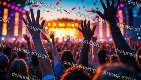Crowd Celebrating At Outdoor Music Festival With Colorful Lights And Confetti, Energetic Concert Atmosphere During Summer Evening Event