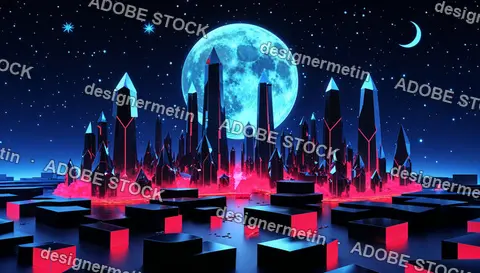 Futuristic Crystal City Illuminated In Neon Red And Blue Under Starry Night Sky With Full Moon, Sci-Fi Cyberpunk Digital Landscape