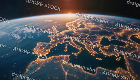 Glowing Illuminated Map Of Europe From Space At Sunrise, Futuristic Global Network Connections Concept With City Lights And Energy Lines