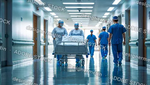 Medical Team In Modern Hospital Corridor Preparing Patient Bed For Emergency Care And Professional Healthcare Service Operation