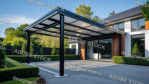 Modern House Exterior With Stylish Metal Carport And Glass Roof In Luxury Residential Setting With Minimal Landscaping