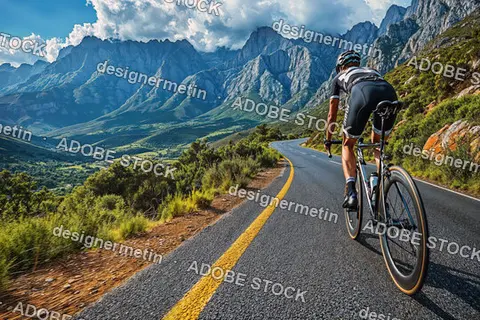 Cyclist Cycling On Scenic Winding Mountain Road Surrounded By Lush Green Valley And Majestic Rocky Peaks Under The Clouds