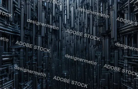 Complex Futuristic Industrial Pipes And Metal Tubing System, Dark Sci-Fi Style Representing Advanced Technology Infrastructure
