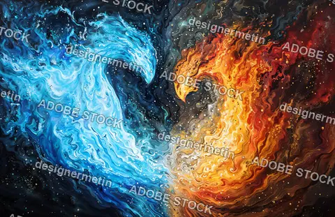 Abstract Fire And Water Energy Art With Swirling Blue And Orange Waves Fluid Design, Cosmic Modern Wall Background
