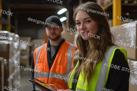 Young Female Warehouse Employee Using Tablet With Male Coworker Standing Behind In Industrial Storage Environment