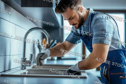 Focused Young Male Plumber Fixing Kitchen Sink Faucet Wearing Gloves And Blue Uniform At Home