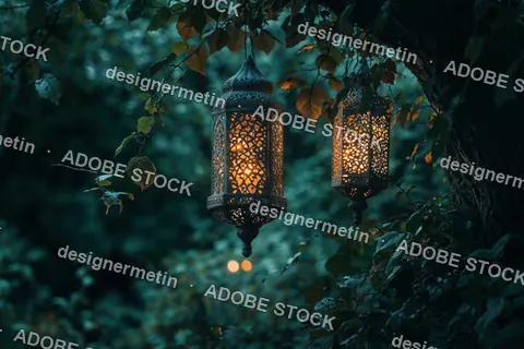 Traditional Ramadan Lanterns Glowing Warmly In Dark Mystical Forest, Hanging On Tree Branches At Night